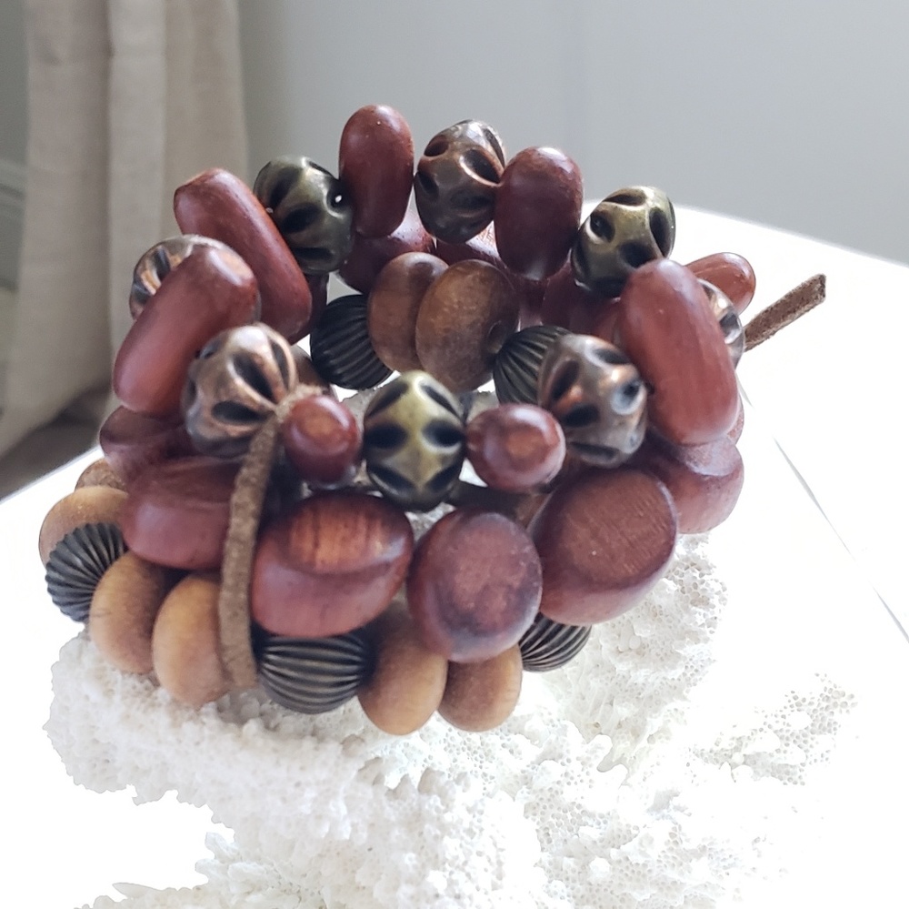 Wood and Brass Beaded Bracelet Set (3)